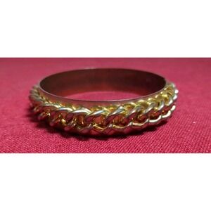 Vintage Brass Bangle Bracelet With Gold Tone Chain Detail